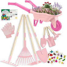 Kids gardening wheelbarrow tool set with pink cart, long-handled tools, gloves, stickers