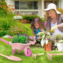 Kids gardening wheelbarrow tool set in pink with tools and gloves for planting play