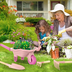 Kids Gardening Set with Wheelbarrow, Real Metal Garden Tools for Kids Ages 3-8, 4 Long Handle Tools, 3 Hand Tool, Gloves, 5 Stickers, Handbook, Outdoor Backyard Toys for Toddler Gift