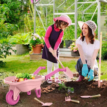 Kids gardening wheelbarrow tool set with pink wheelbarrow and shovel tools for soil