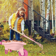 Kids gardening wheelbarrow tool set with pink cart and rake-style tool for backyard play