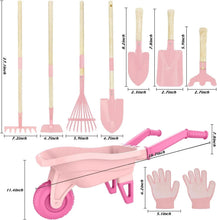 Kids gardening tool set size chart with pink wheelbarrow, gloves, and long-handled tools