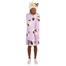 Kids hooded throw with lavender cow pattern and plush sherpa-lined hood