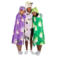 Group of kids wearing hooded throws in purple and green with sherpa-lined animal hoods
