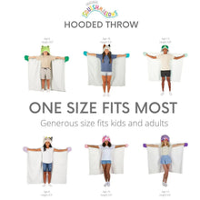 Kids hooded throw size chart showing multiple kids wearing the hooded poncho