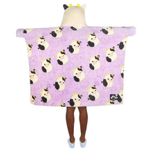 Kids hooded throw with purple dog print and large hood, folded open