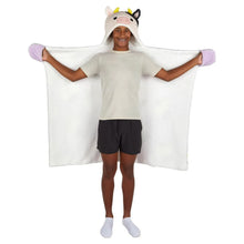 Kids hooded throw with white body, plush sherpa-lined hood, and wide cape sleeves