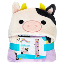 Kids hooded sherpa throw with cow face hood, white fabric with pink muzzle and black ears