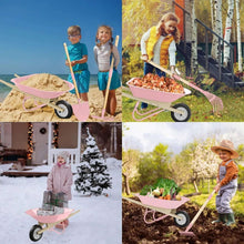 Kids playing with a pink wheelbarrow and wooden gardening tools outdoors