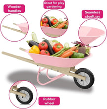 Pink kids wheelbarrow with wooden handles and rubber wheel, plus small tools