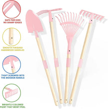 Kids wooden gardening tool set with pink heads: rake, shovel, trowel, leaf rake