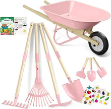 Kids wheelbarrow set with pink tray and wooden-handled gardening tools