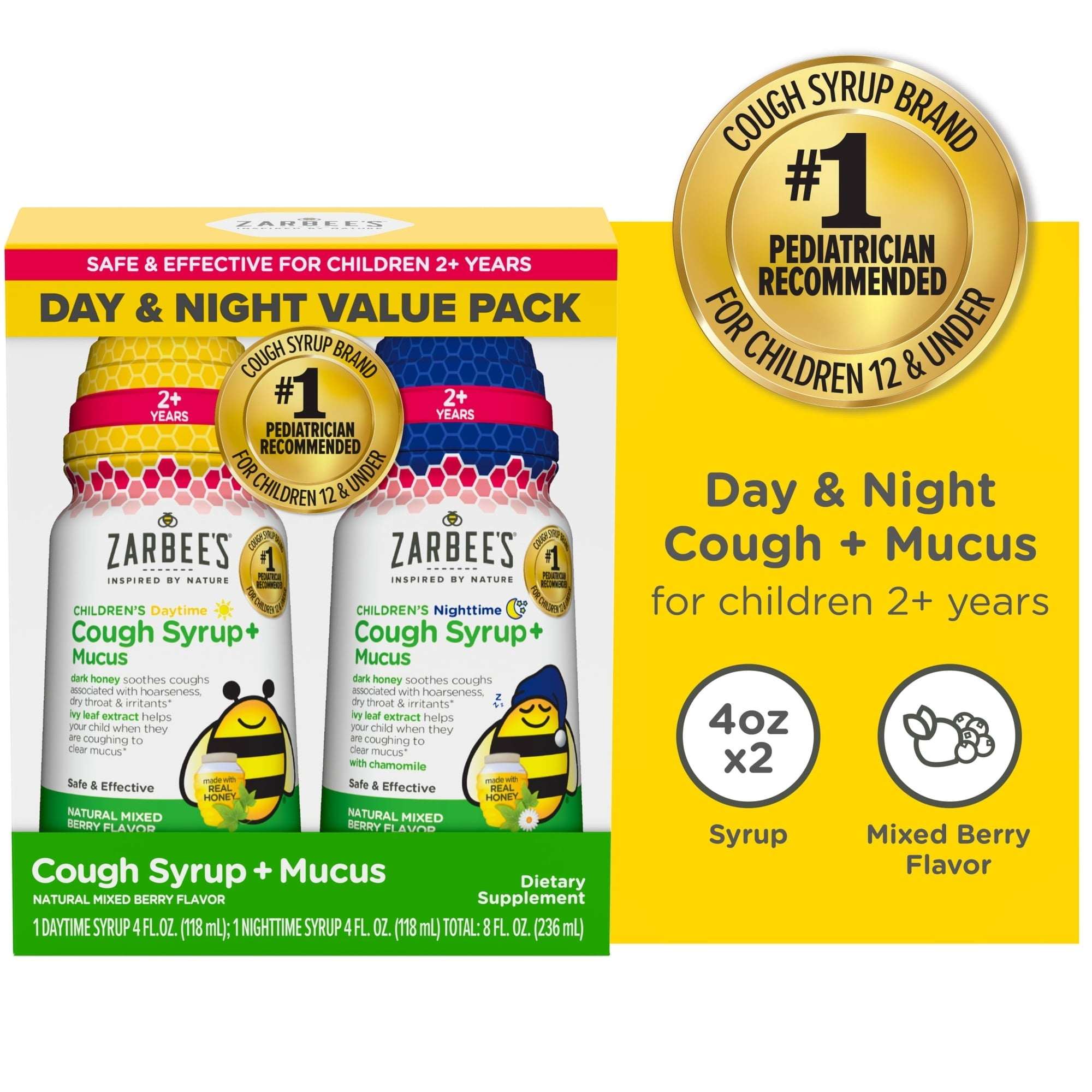Kids Zarbee’s Cough + Cold Mucus Day and Night Value Pack, Honey, Ivy Leaf, 2x 4 fl. oz.