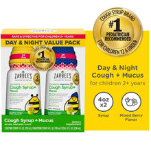 Kids day and night cough syrup + mucus value pack with honey, shows two 4 oz bottles.