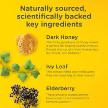 Ingredient info panel featuring dark honey, ivy leaf extract, and elderberry for kids cough.