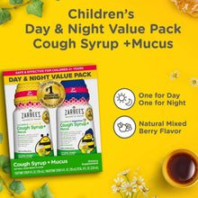 Kids cough syrup + mucus value pack with two bottles and a cup of dark honey syrup.