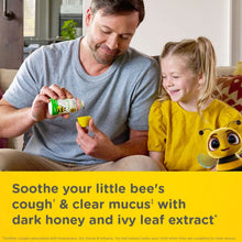 Family using kids cough syrup bottle; child and parent with dark honey and ivy leaf message.