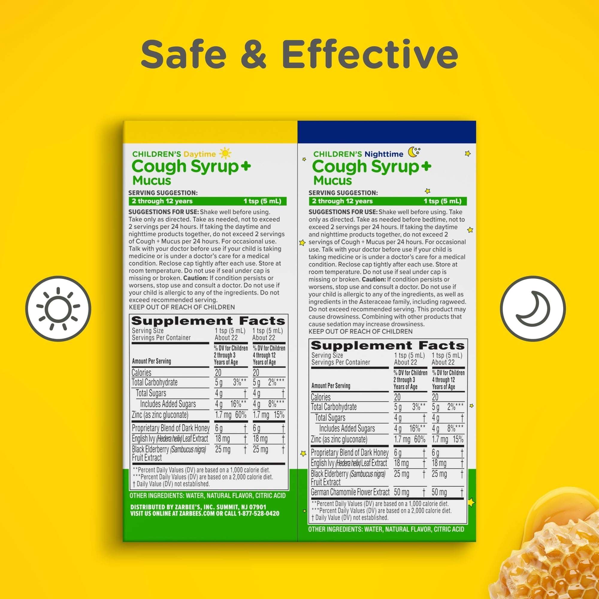 Kids Zarbee’s Cough + Cold Mucus Day and Night Value Pack, Honey, Ivy Leaf, 2x 4 fl. oz.