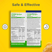Supplement facts panel for kids cough syrup and mucus, day and night bottles shown.