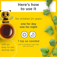 Usage instructions panel with dosing cap and dark honey cup for kids age 2+.