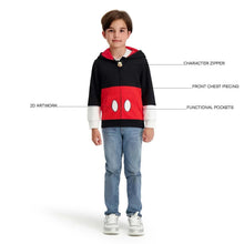 Kids character zip-up hoodie with chest applique and functional front pockets