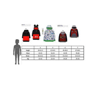 Kids character jacket size chart with front style options and measurements