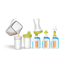Baby food pouch kit with white cups, green caps, and reusable squeeze spout set
