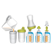 Baby food pouch starter kit with white cups, green caps, and reusable squeeze spouts