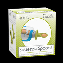Kiinde Foodii squeeze spoon set box with lime green spoon and blue squeeze pouch