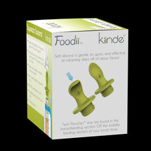 Kiinde Foodii squeeze spoons box, lime green spoon shown with cleaning text panels