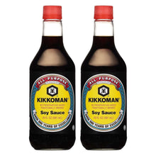 Kikkoman soy sauce bottles, red caps, front label view, 2-pack