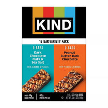 KIND 18 bar variety pack box with dark chocolate nut and peanut butter dark chocolate bars
