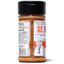 Seasoning bottle with award flavor label panel; brown spice blend in jar