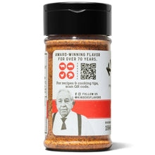 Seasoning bottle with award-winning flavor graphic; brown spice blend in jar