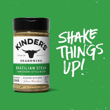 Brazilian steak seasoning jar with “Shake Things Up!” promotional text