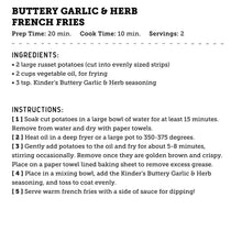 Recipe card for Buttery Garlic & Herb French Fries, prep 20 min, cook 10 min, serves 2