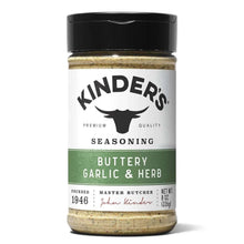 Seasoning jar with black cap and green label for buttery garlic & herb seasoning