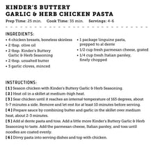 Recipe card: Kinder’s Buttery Garlic & Herb Chicken Pasta, prep 25 min, cook 35 min