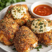 Panko-crusted cutlets with herbs and a bowl of red marinara sauce