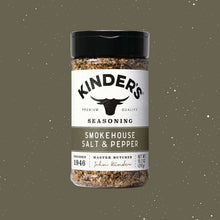 Smokehouse salt and pepper seasoning jar with Kinders branding and black lid