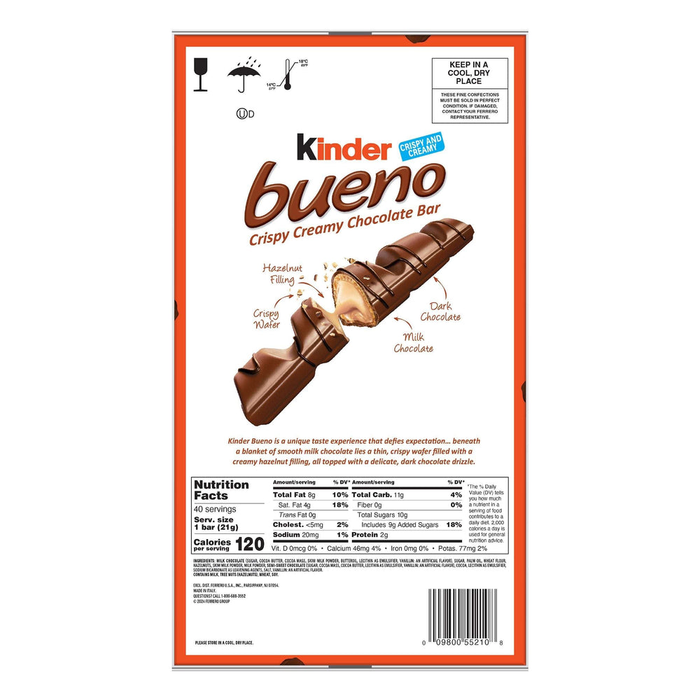 Kinder Bueno Chocolate and Hazelnut Chocolate Bars, 2 Bars, 1.5 oz, 20 Pack