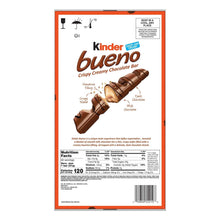 Kinder bueno chocolate bar pack back with hazelnut filling, nutrition facts panel