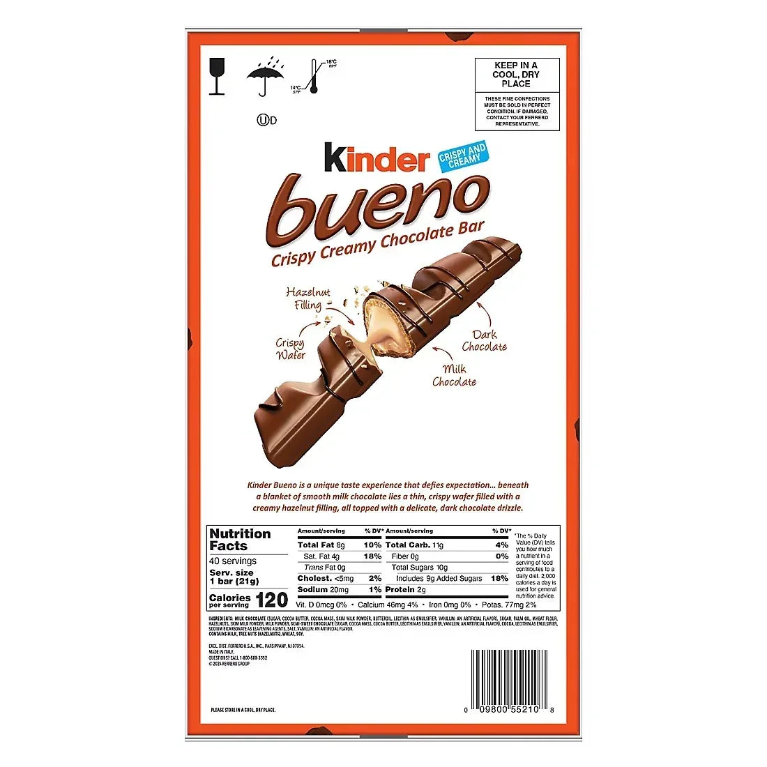 Kinder Bueno Cripsy Creamy Chocolate Bars, Packs, 20 ct./1.5 oz.