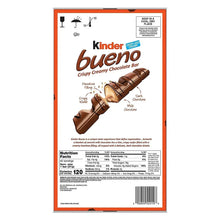 Kinder Bueno chocolate bar package back with nutrition facts and ingredients