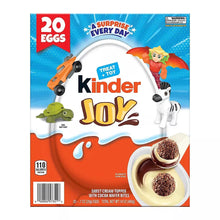 Kinder Joy egg surprise box front with 20 eggs and sweet cream cocoa wafer bites