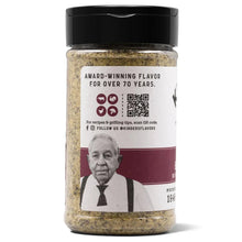 Seasoning bottle with black cap and beige label with QR recipe graphic