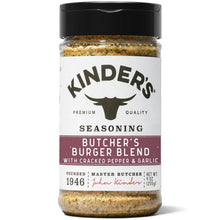 Seasoning bottle with black cap and beige label, “Butcher’s Burger Blend”