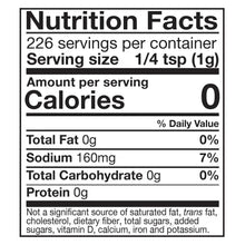Nutrition Facts panel for 1/4 tsp (1 g) serving, calories 0, sodium 160 mg