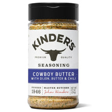 Seasoning bottle with black cap and cowboy butter label