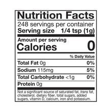 Nutrition Facts panel: serving size 1/4 tsp (1g), Calories 0